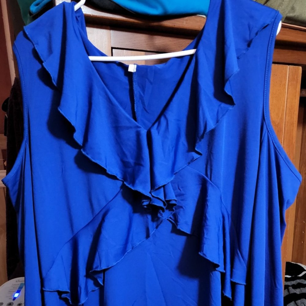 Brand New !! Never worn !! Blue ruffle V-neck, Knee-Length Dress